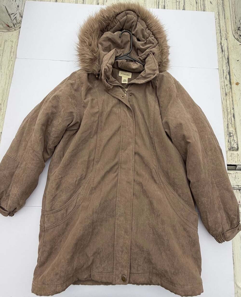 St. John's Bay Women's Brown Suede Hooded Winter Coat with Faux Fur Trim Large